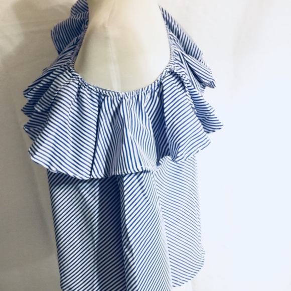 Blue stripe top with off-the-shoulder ruffles - Picture 6 of 8
